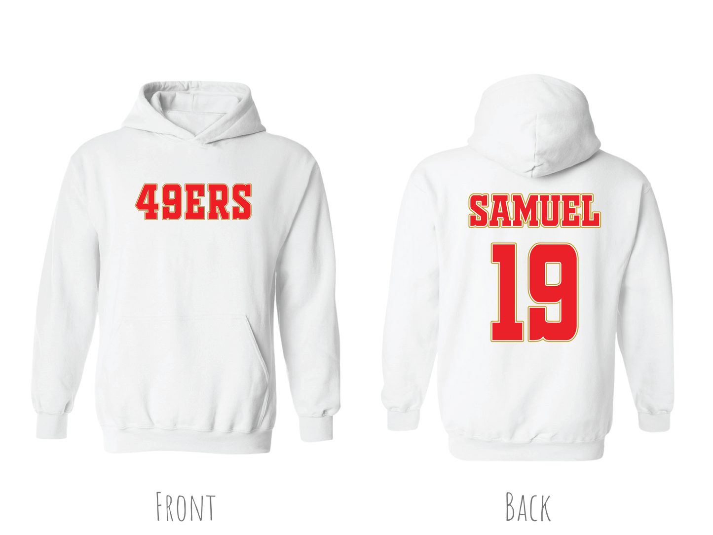 (49ERS)SAMUEL,KITTLE,BOSA AND McCAFFREY CUSTOM HOODIES