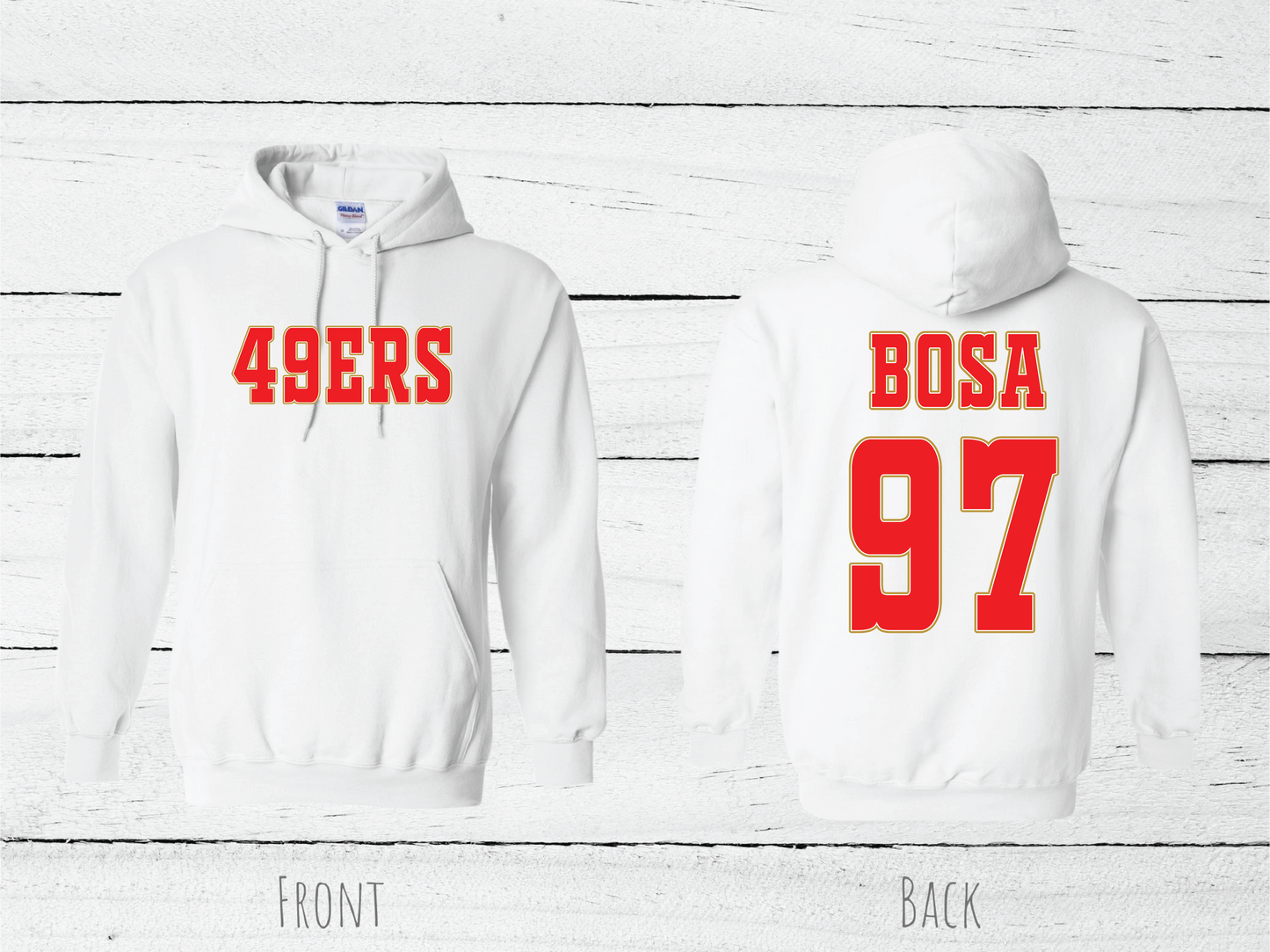 (49ERS)SAMUEL,KITTLE,BOSA AND McCAFFREY CUSTOM HOODIES